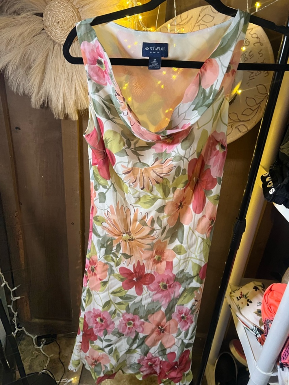 Ann Taylor Floral Cowl Neck Midi Dress in Pink, Green & Cream